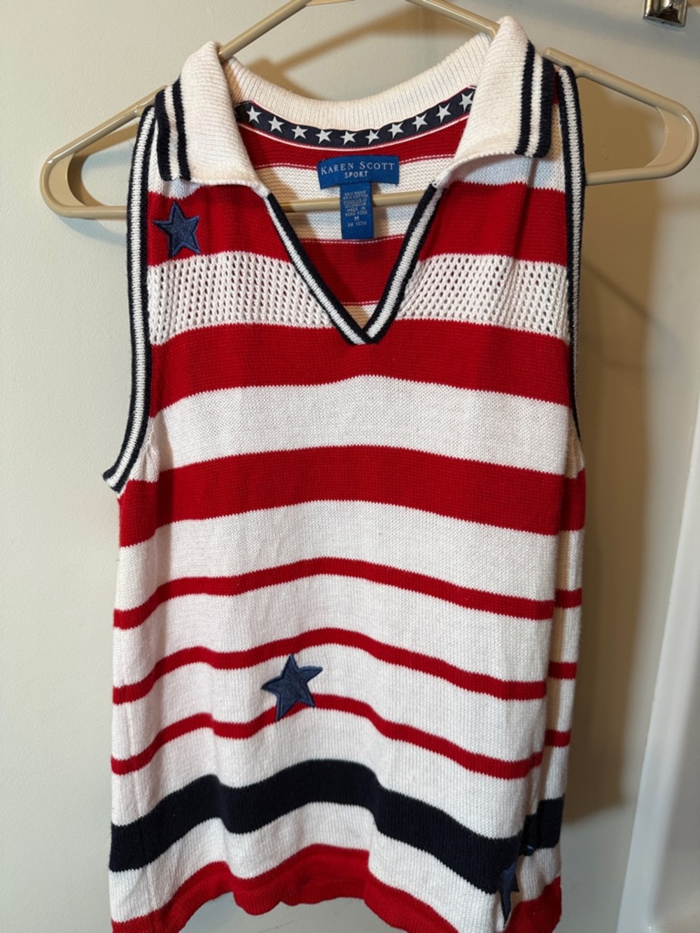 Karen Scott Red, White & Navy Striped Star Sleeveless Polo Sweater